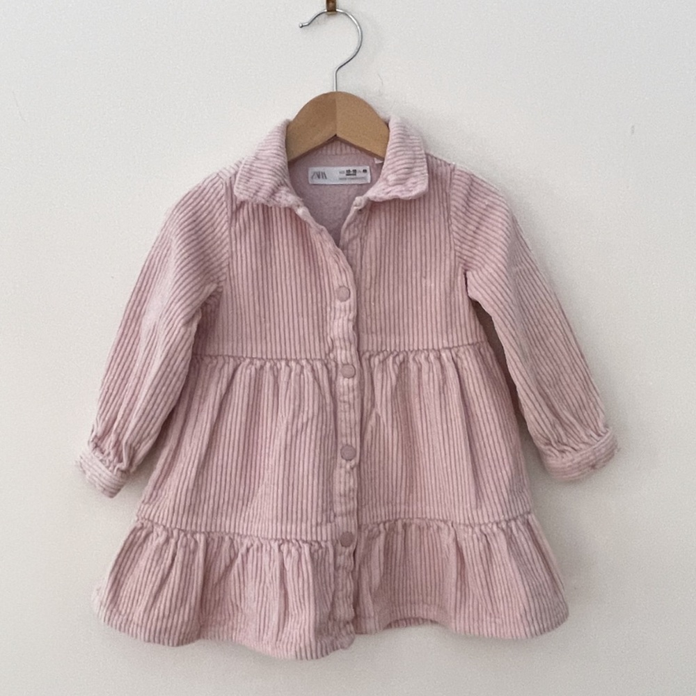 ZARA VGUC Dusty Rose Thick Corduroy Tiered Button Front Long Sleeve Dress